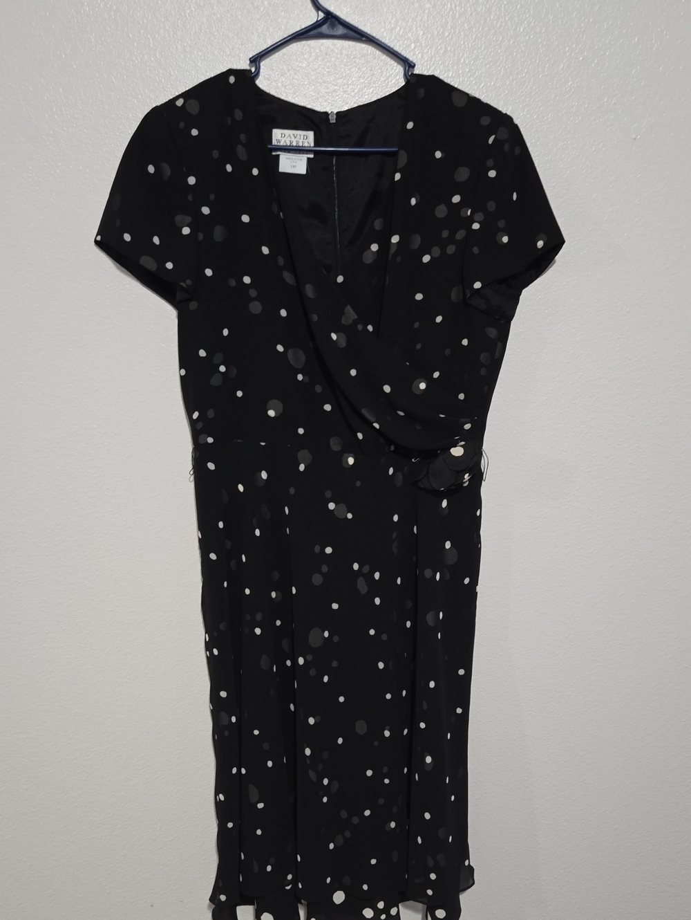 David Warren Black Polka Dot Surplice Dress